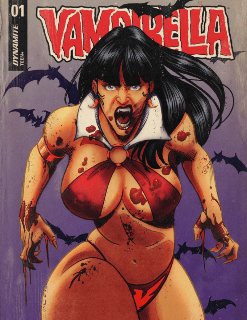 Vampirella covered in blood surrounded by bats.