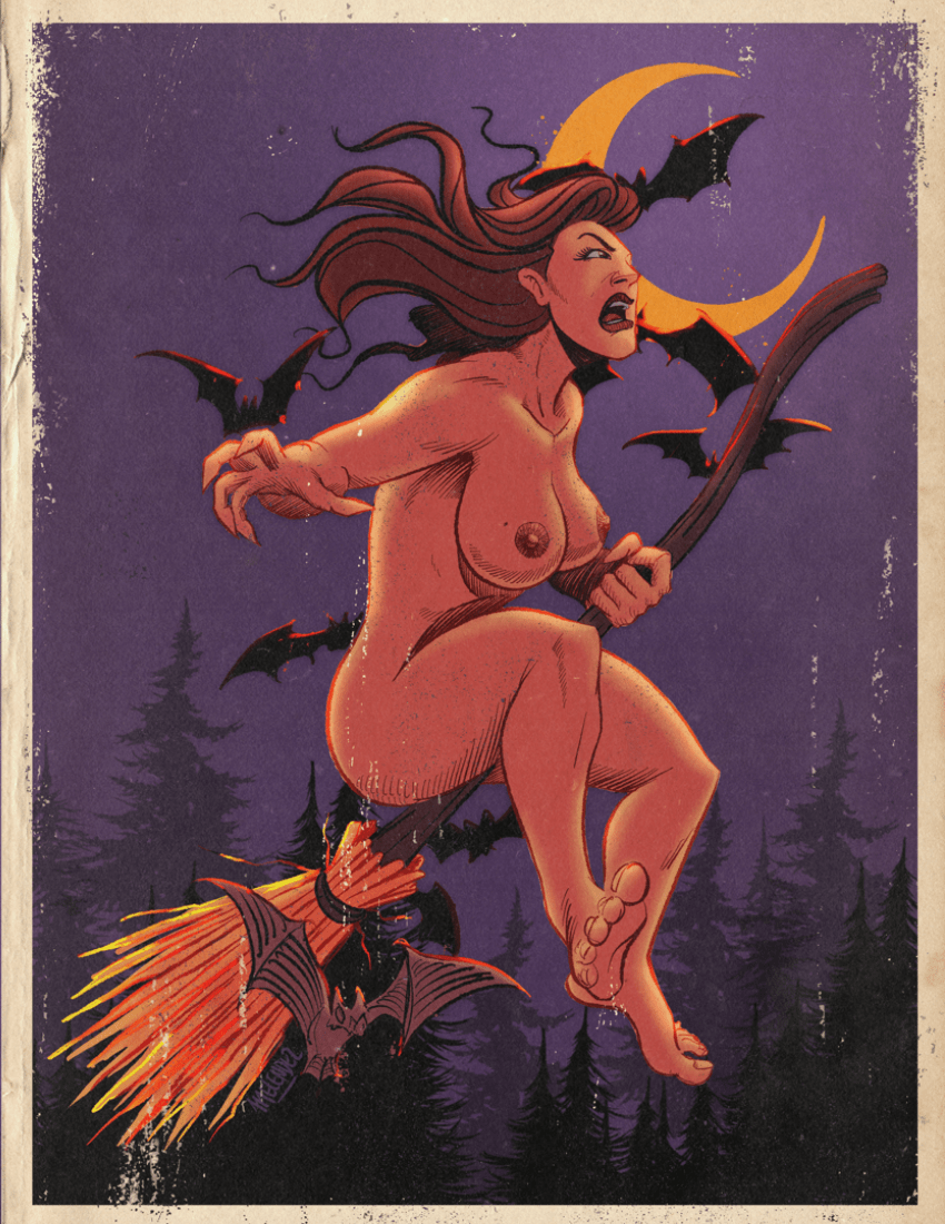 Naked witch flying in the night