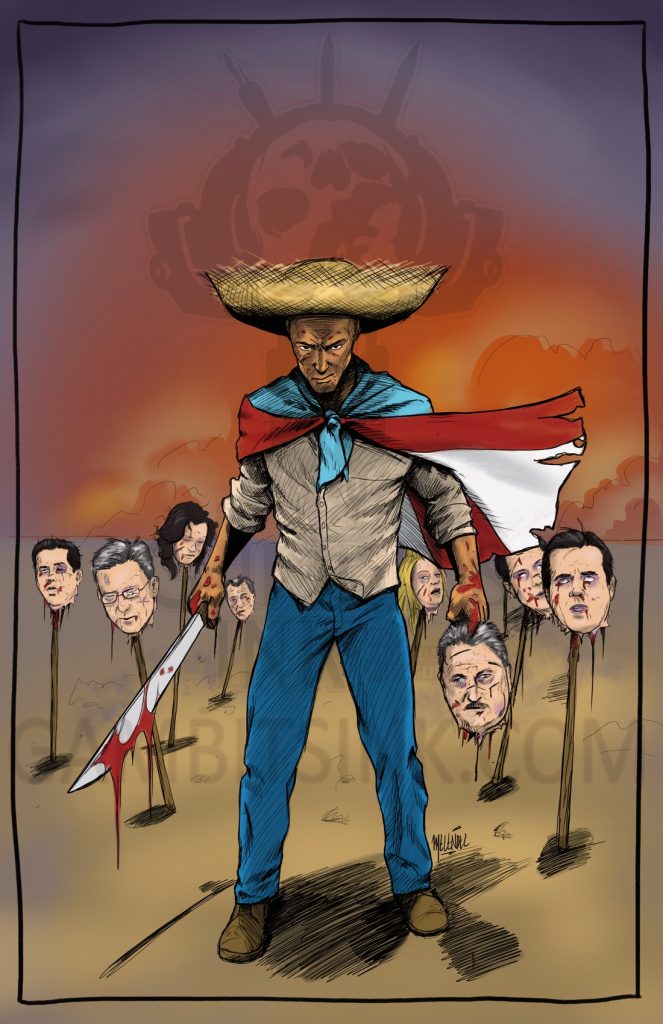 Jíbaro in a field of impaled politician heads