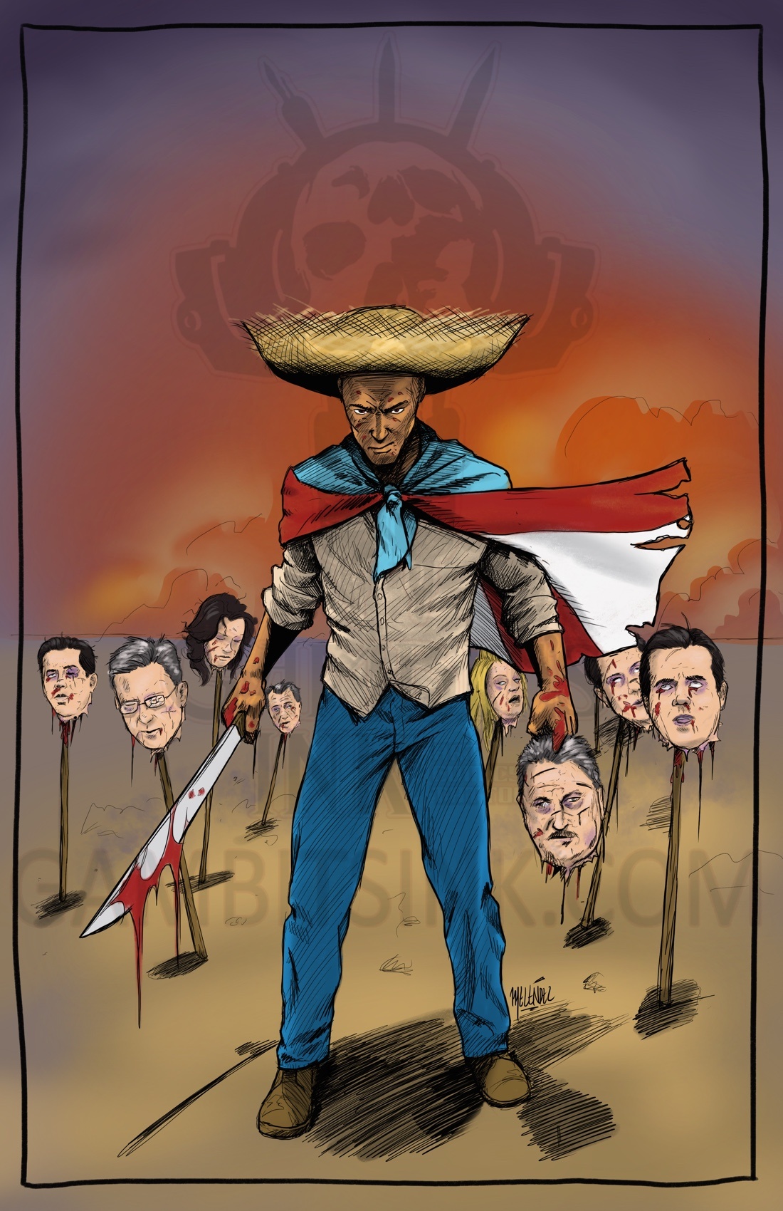 Jíbaro in a field of impaled politician heads