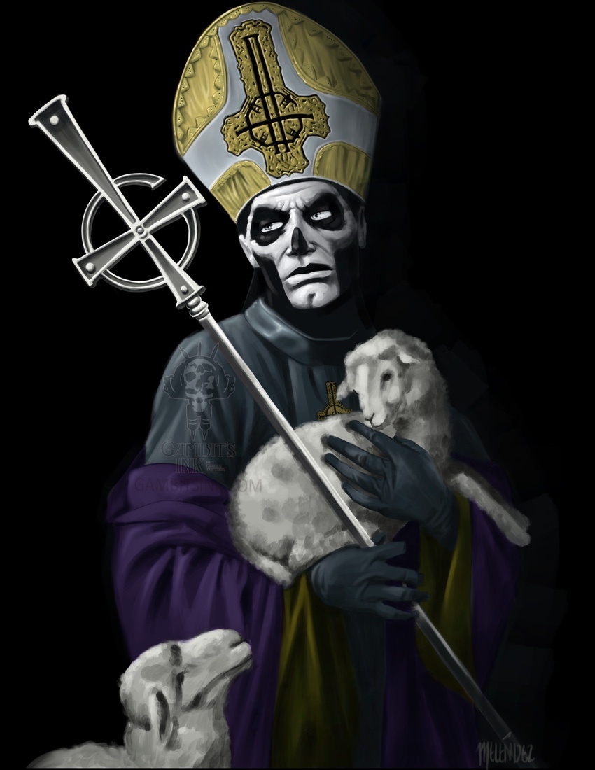 Papa Emeritus from the band Ghost holding a lamb.